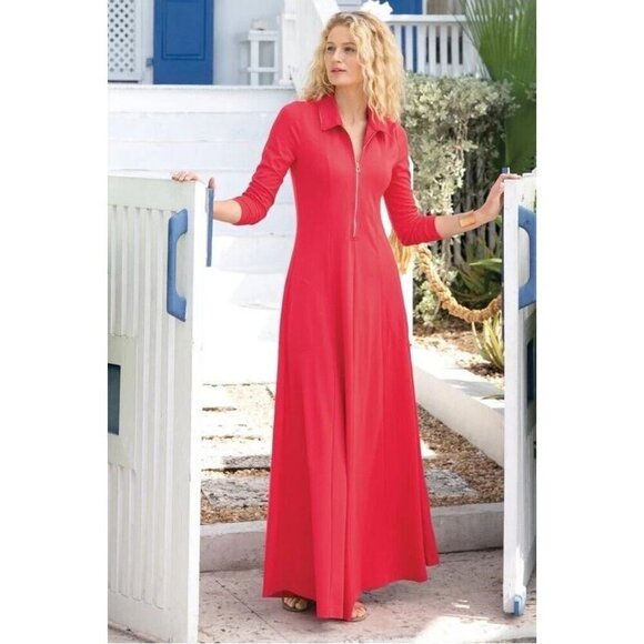 Soft Surroundings Women's XL Swingtime Half Zip Collared Maxi Dress Coral Ponte - Picture 1 of 16